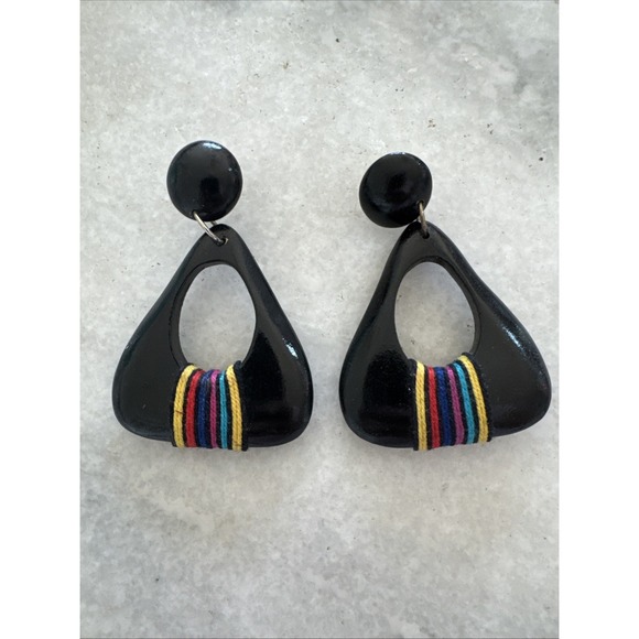 Vintage 1980's Black Dangle Earrings With Rainbow Stripe - Picture 1 of 7